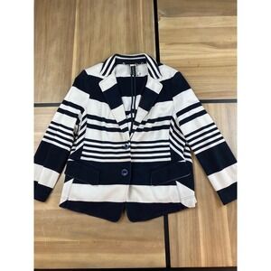 Luisa Cerano Striped Blazer Jacket Women Navy White Button Front Casual Chic